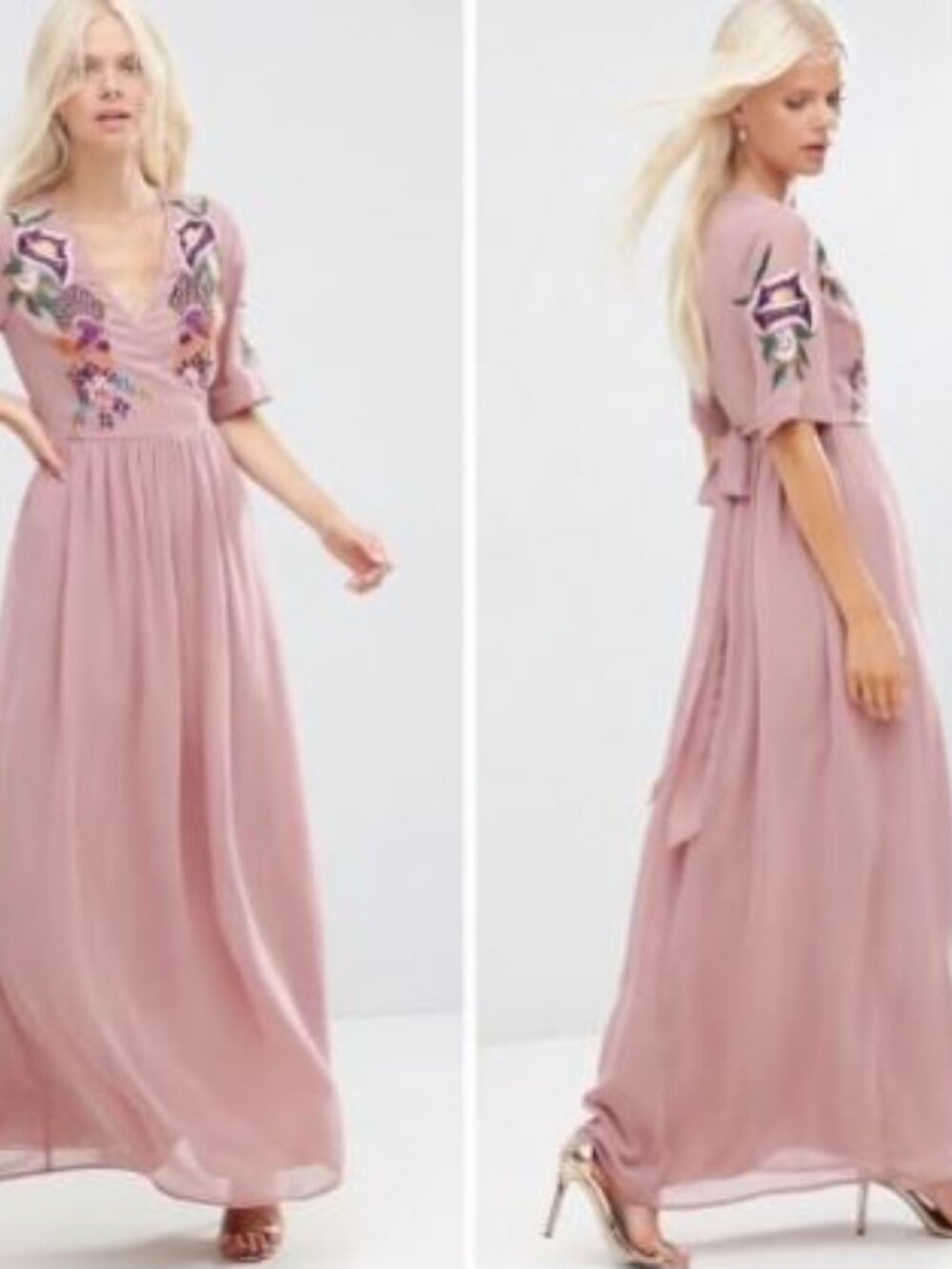 ASOS Embroidered Peacock Maxi Dress Mauve Size 4